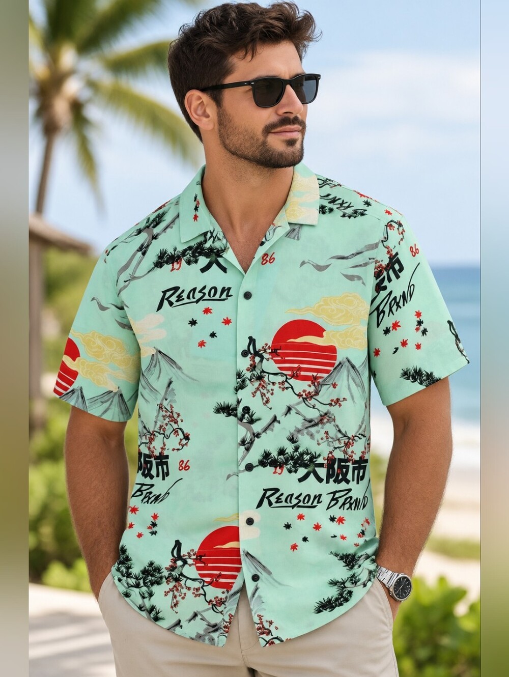 Reason Brand Mountain View Print Button Down Shirt NWT Green Size L BZ-3203